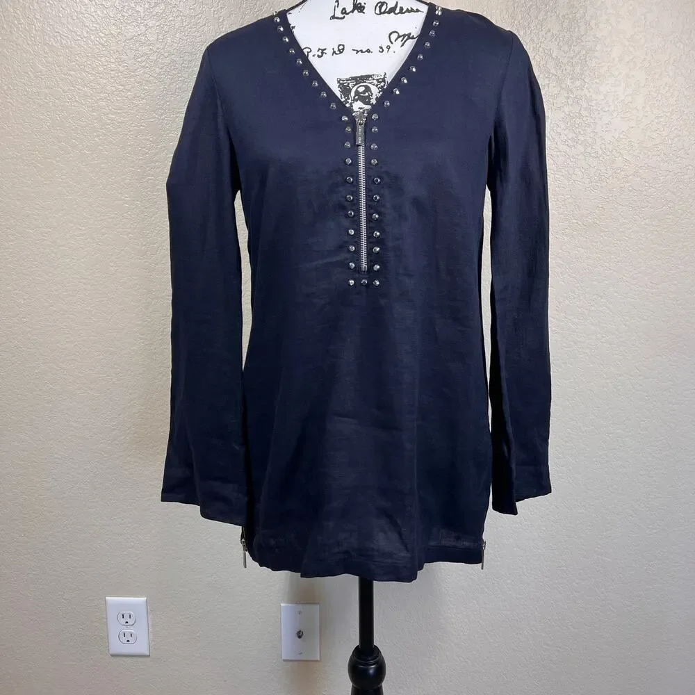 Michael Kors 100% Linen Black Shirt Studded zip Top Blouse Sz Small